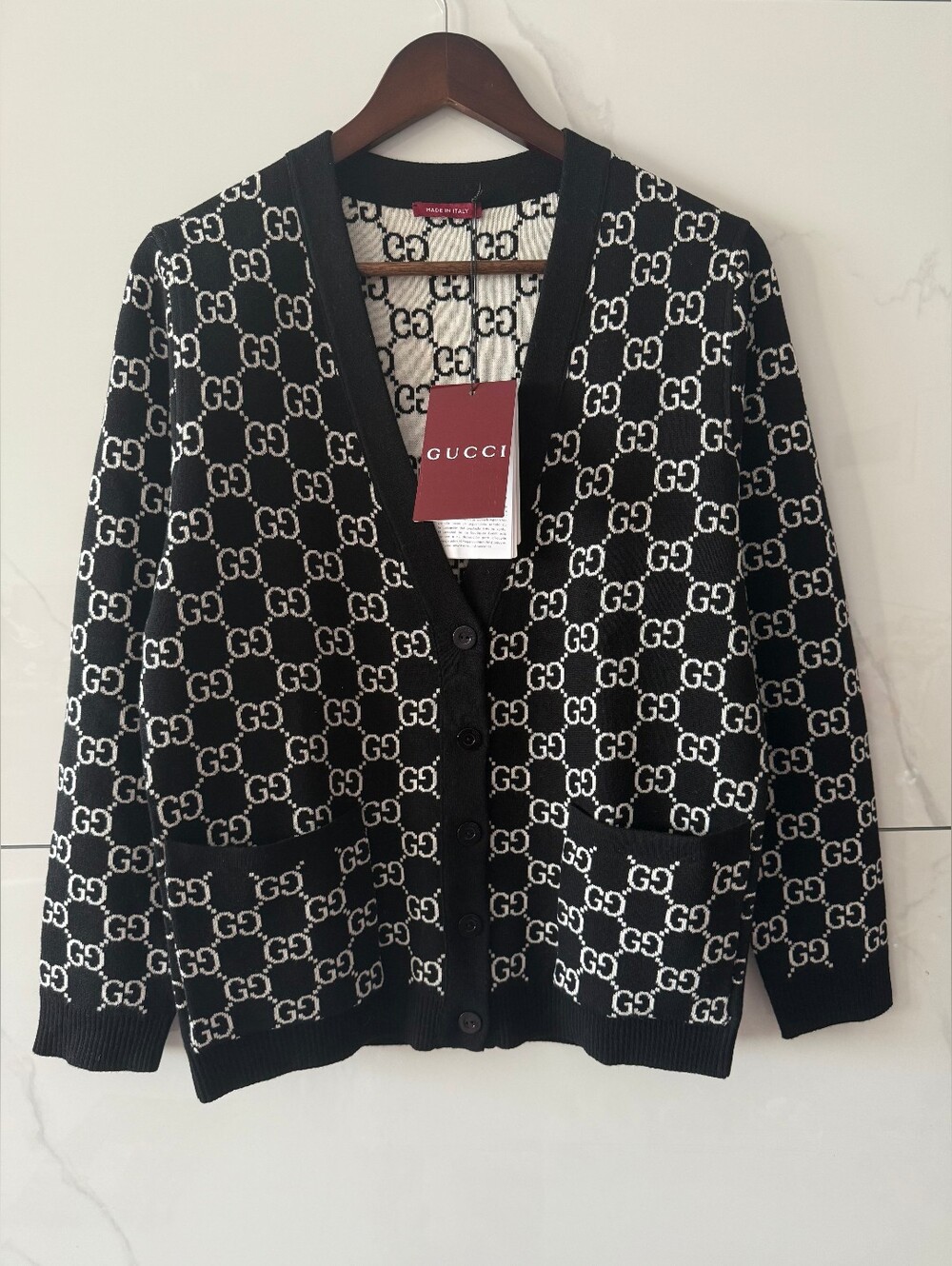 Gucci Reversible Black and White GG Logo Knitted Wool Cardigan